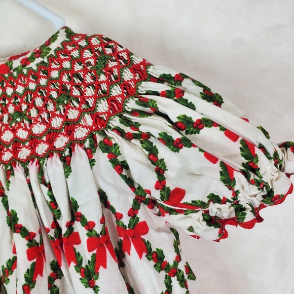 Toddler Girls Three Sisters Smocked Christmas Bow Bishop Dress Size 18 Months - Picture 2 of 8